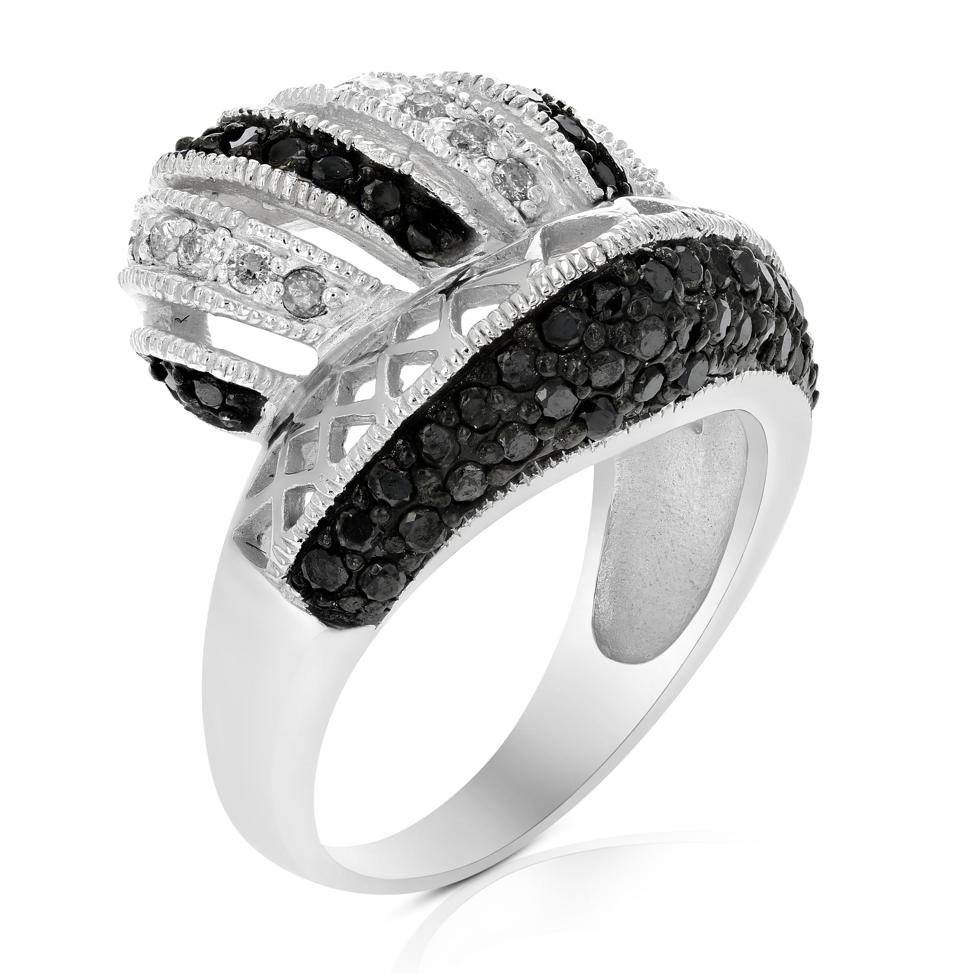 1.10 cttw Black and White Diamond Ring .925 Sterling Silver with Rhodium Size 7