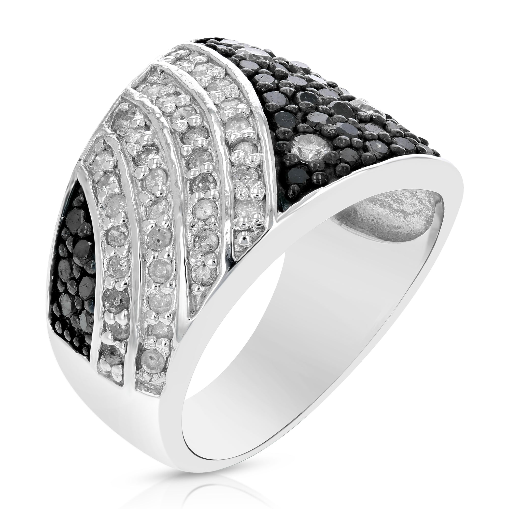 1.35 cttw Black and White Diamond Ring .925 Sterling Silver with Rhodium Size 7