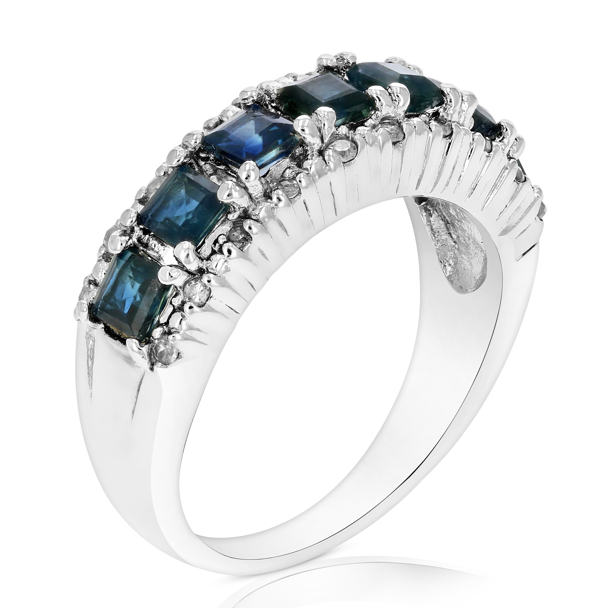 0.70 cttw Blue Sapphire and Diamond Ring .925 Sterling Silver Rhodium Princess