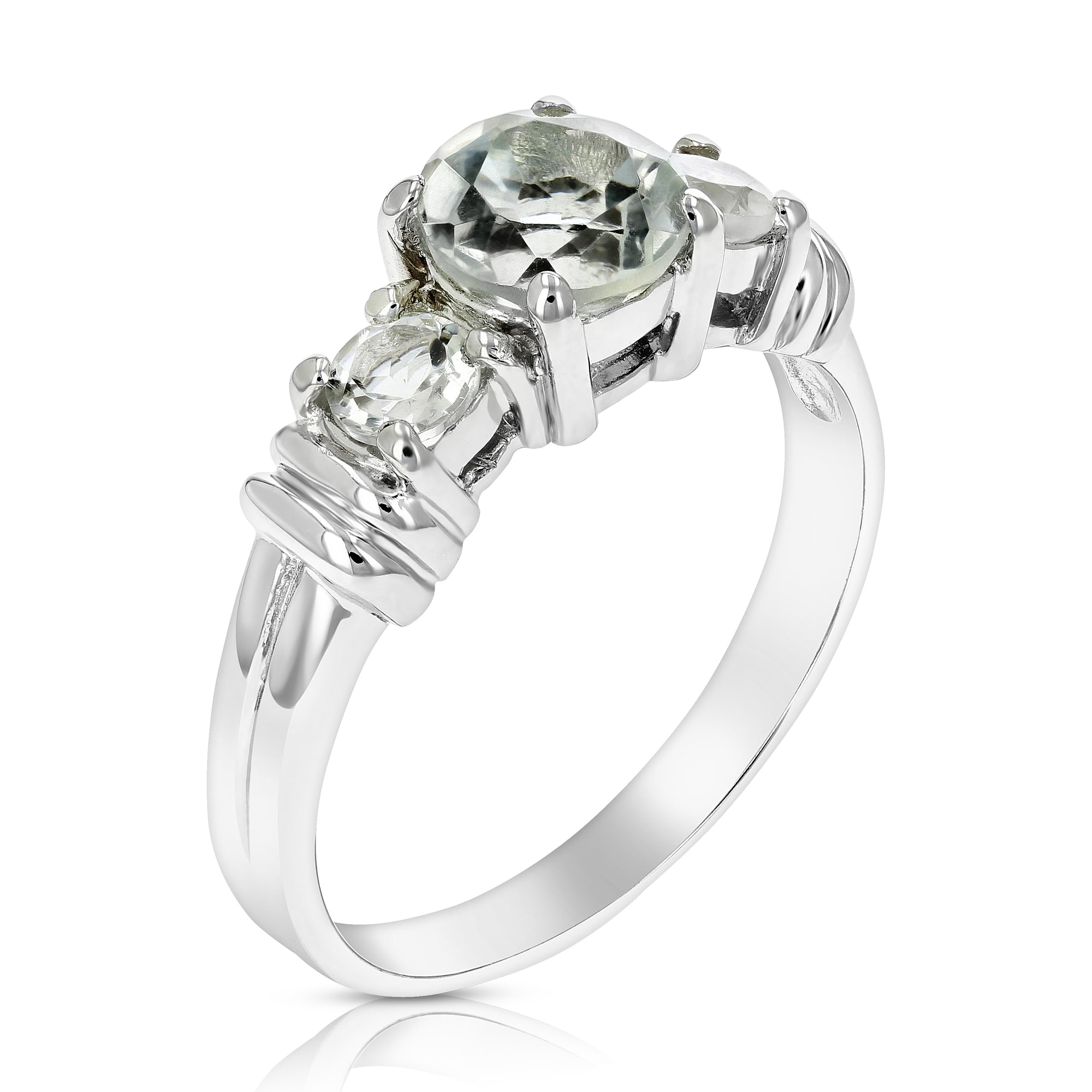 1.70 cttw 3 Stone Green Amethyst Ring in .925 Sterling Silver with Rhodium Round