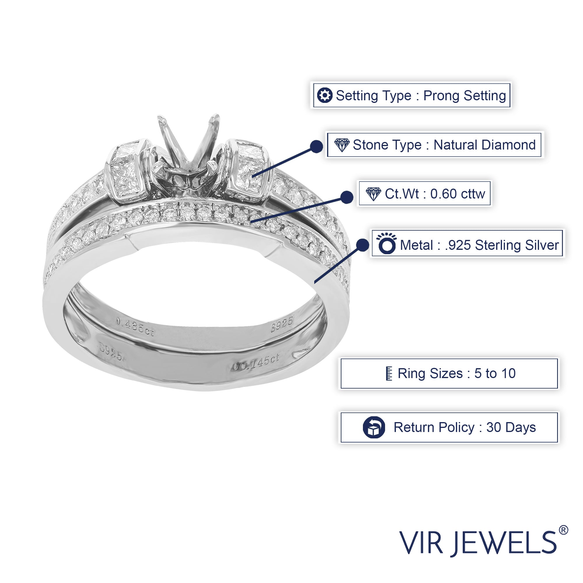 0.60 cttw Diamond Semi Mount Bridal Set .925 Sterling Silver Wedding Size 7