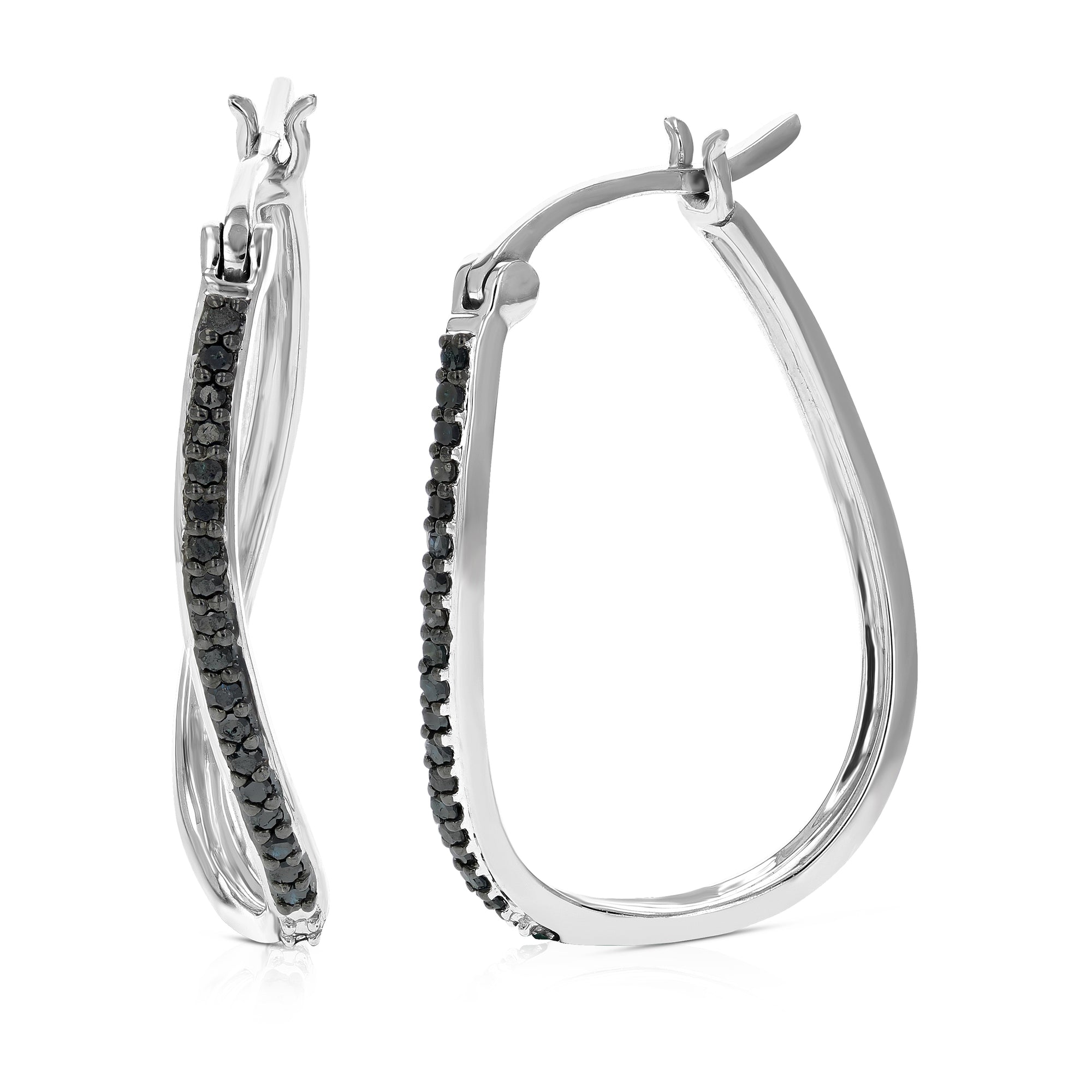 1/4 cttw Black Diamond Hoop Earrings in .925 Sterling Silver 1 Inch