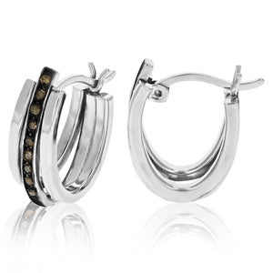 1/10 cttw Champagne Diamond Hoop Earrings .925 Sterling Silver With Rhodium