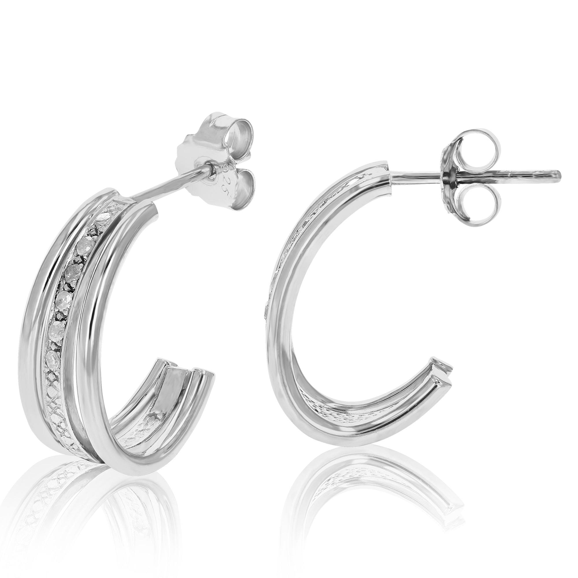 1/10 cttw Diamond Hoop Earrings .925 Sterling Silver With Rhodium Plating