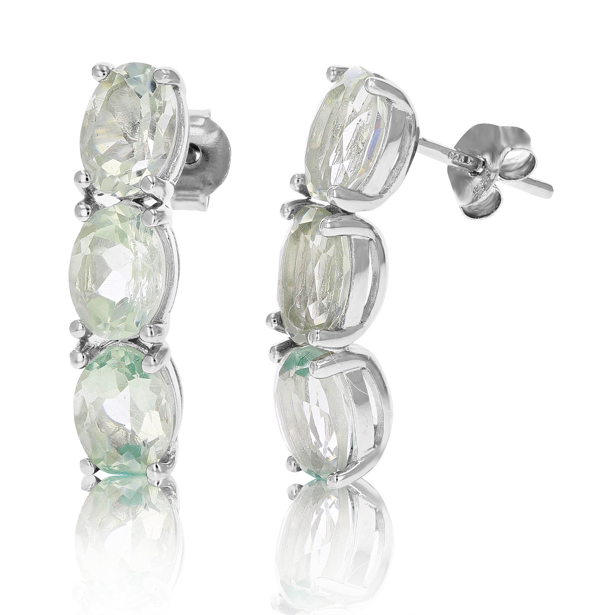 3.20 cttw Green Amethyst Dangle Earrings .925 Sterling Silver 3 Stone Oval 7x5