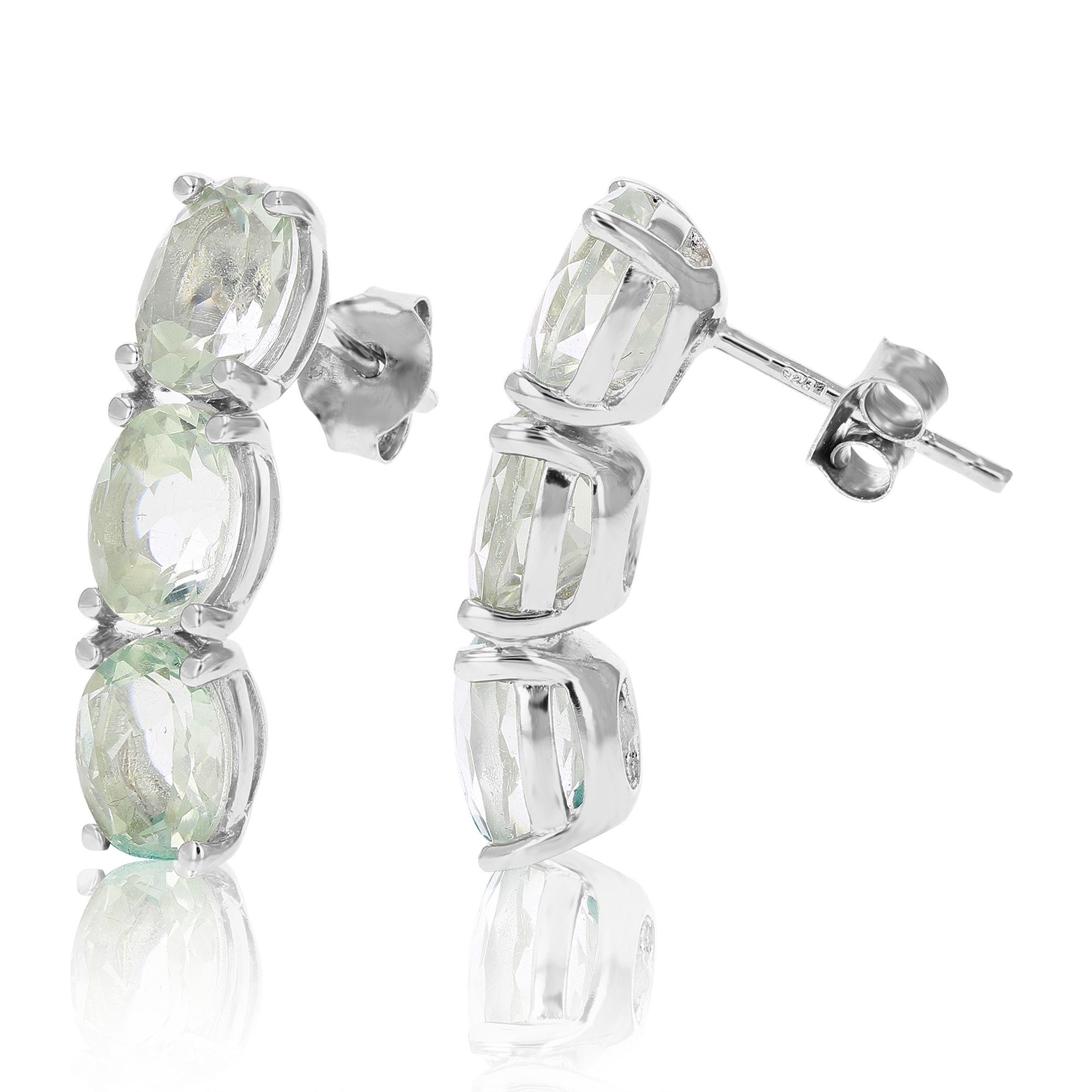 3.20 cttw Green Amethyst Dangle Earrings .925 Sterling Silver 3 Stone Oval 7x5