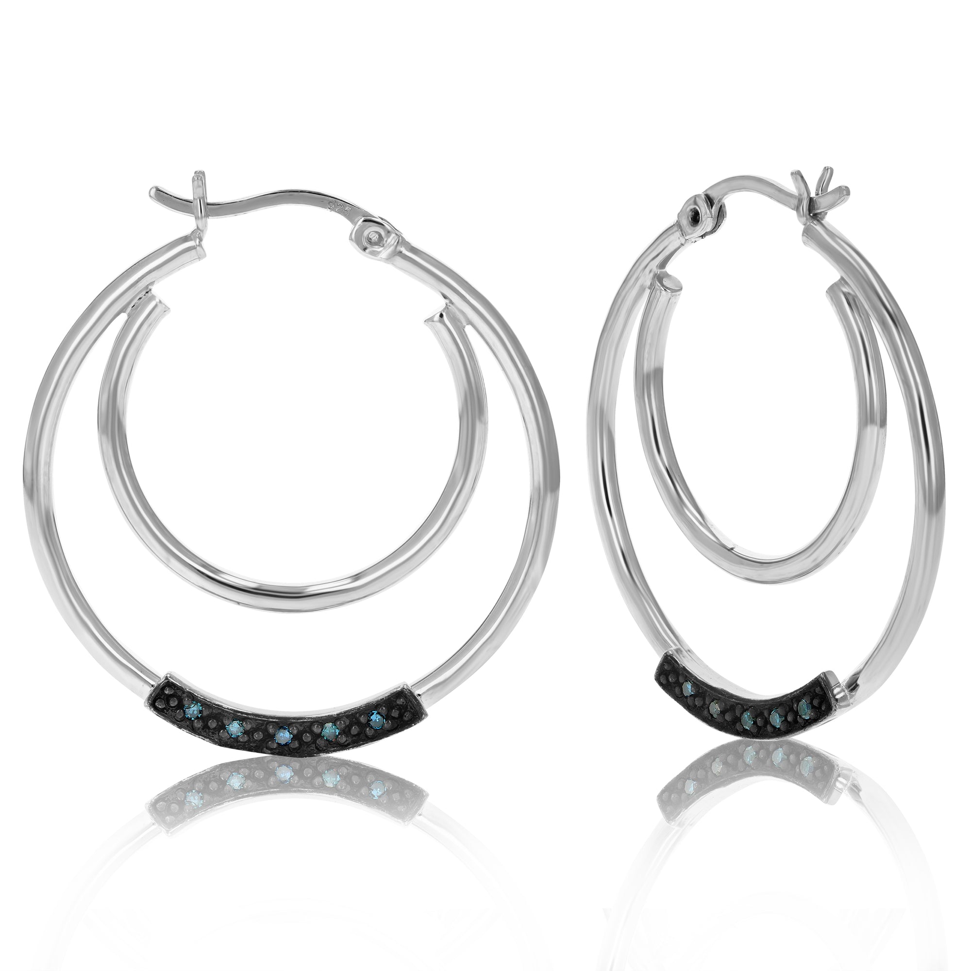1/20 cttw Blue Diamond Hoop Earrings .925 Sterling Silver With Rhodium Plating