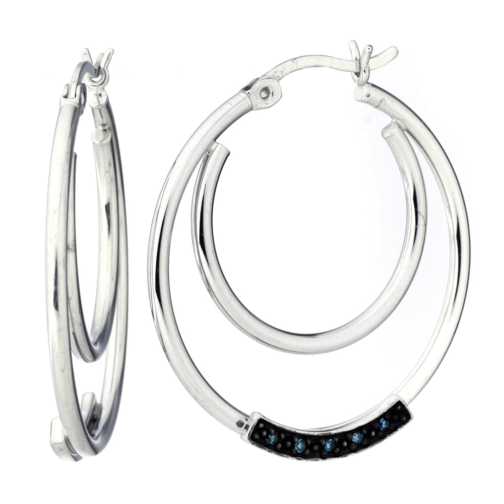 1/20 cttw Blue Diamond Hoop Earrings .925 Sterling Silver With Rhodium Plating