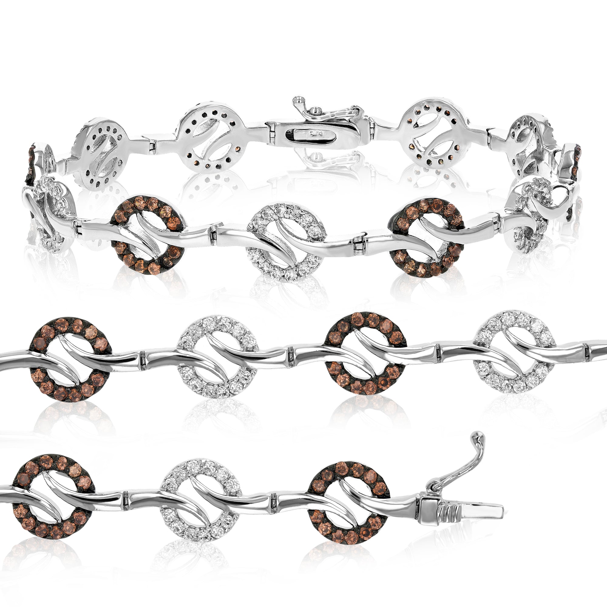 Fashion Bracelet With Champagne and White CZ in Rhodium Plated Brass