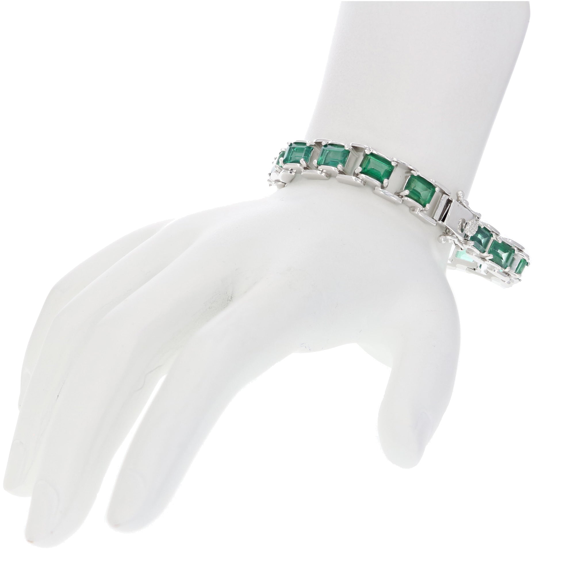 15 cttw Green Topaz Tennis Bracelet .925 Sterling Silver Rhodium 7x5 MM Emerald