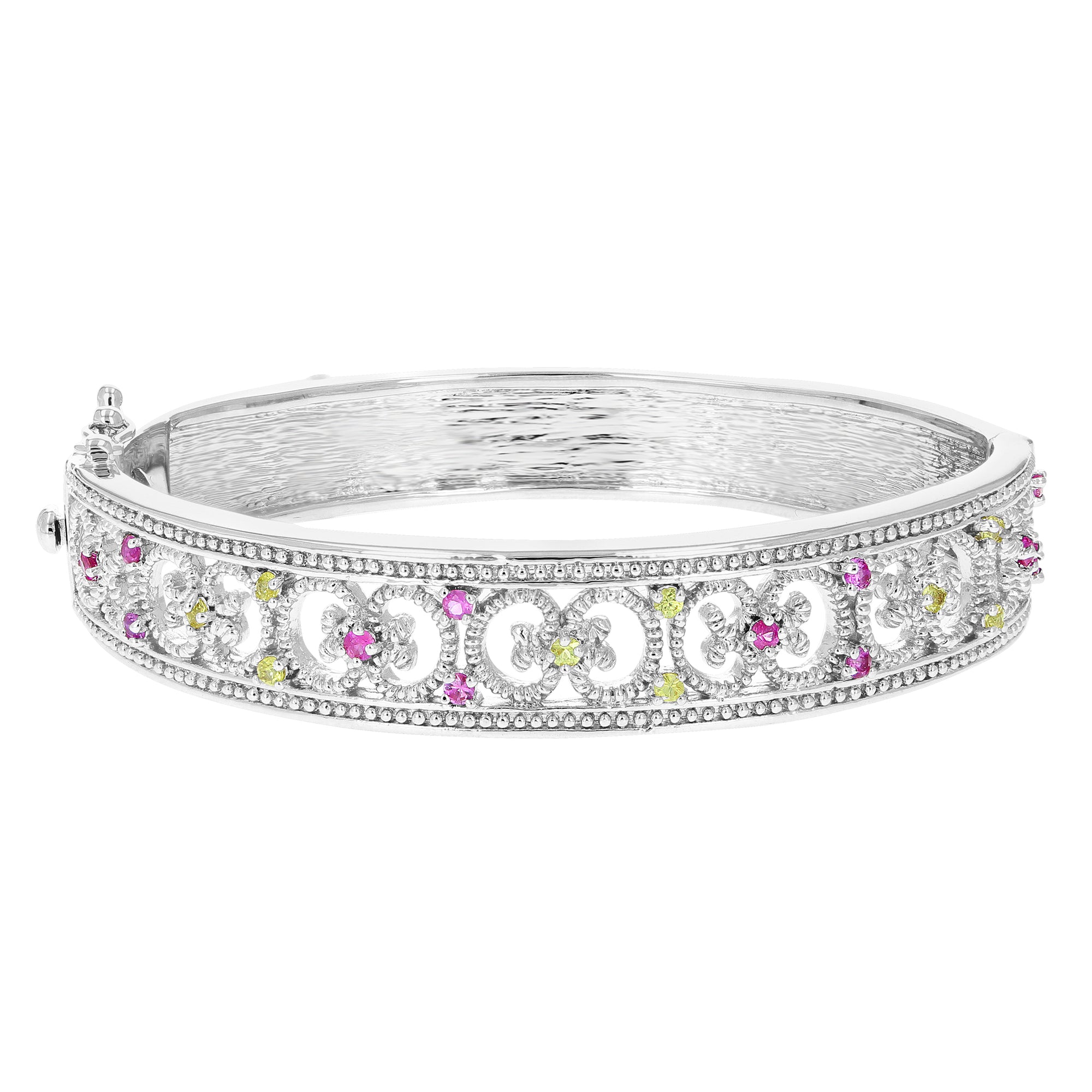 0.65 cttw Pink And Yellow Sapphire Bangle Bracelet Brass With Rhodium Filigree