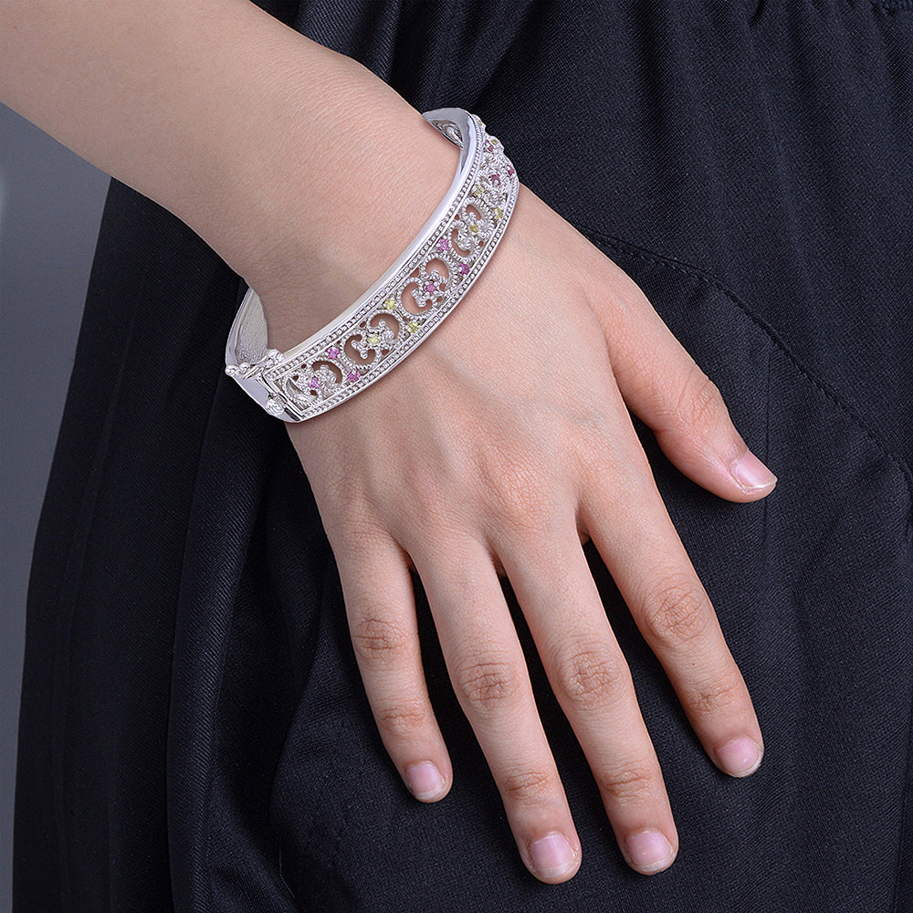 0.65 cttw Pink And Yellow Sapphire Bangle Bracelet Brass With Rhodium Filigree