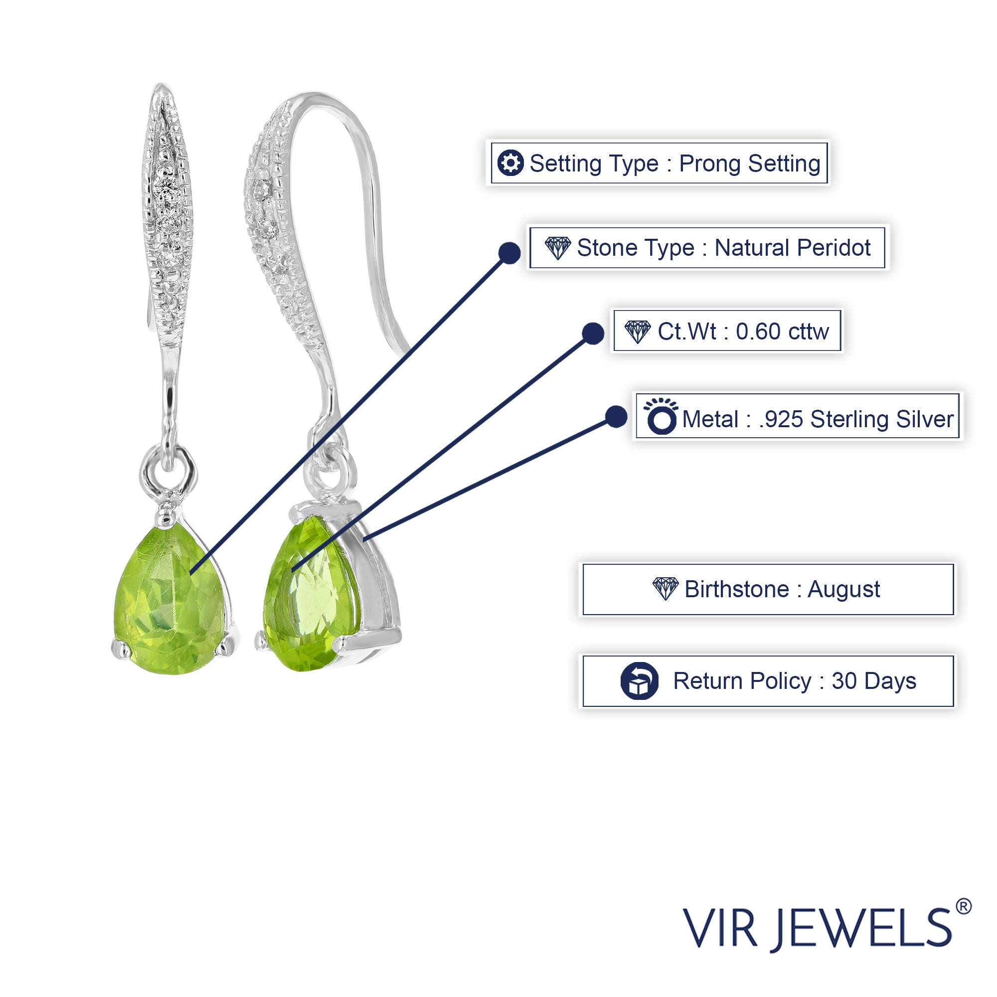 0.60 cttw Peridot Dangle Earrings .925 Sterling Silver With Rhodium 6x4 MM Pear