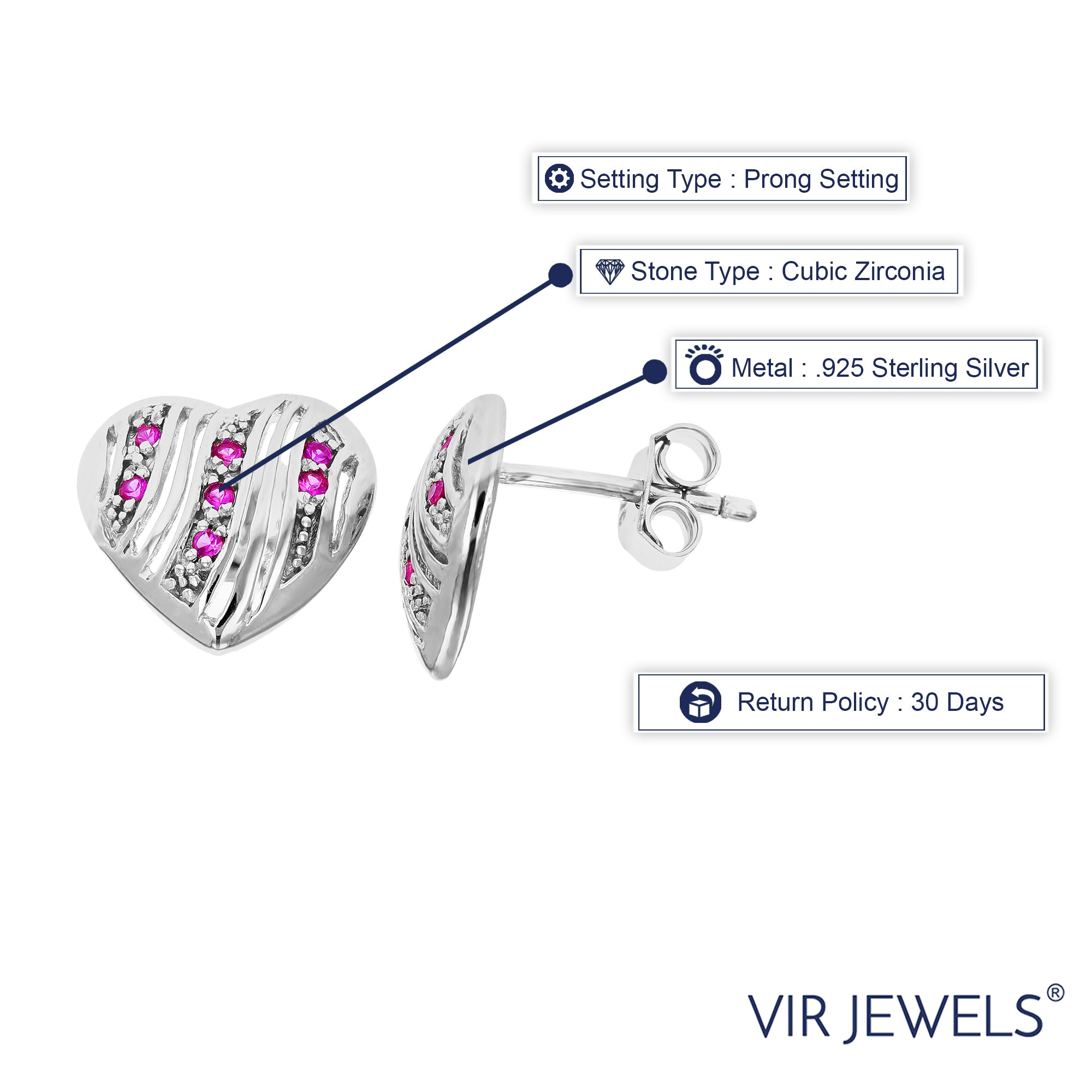 Heart Shape Pink Cubic Zirconia Earrings in .925 Sterling Silver with Rhodium