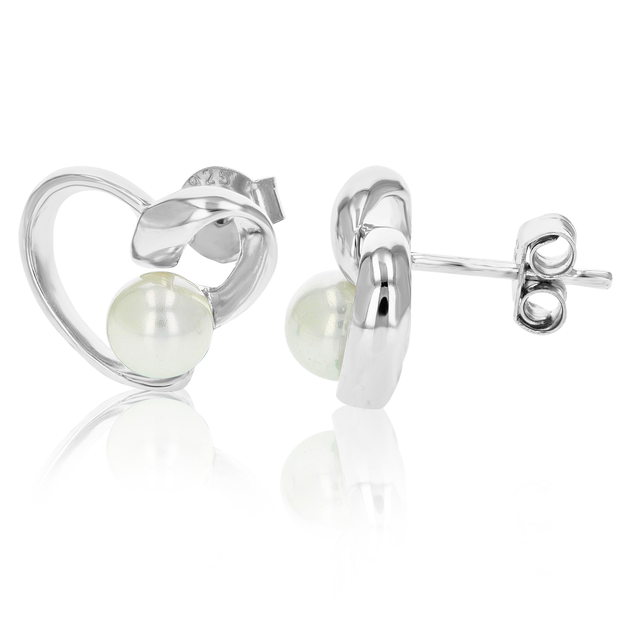 Sterling Silver Heart Earrings (5 MM Glass Pearl)