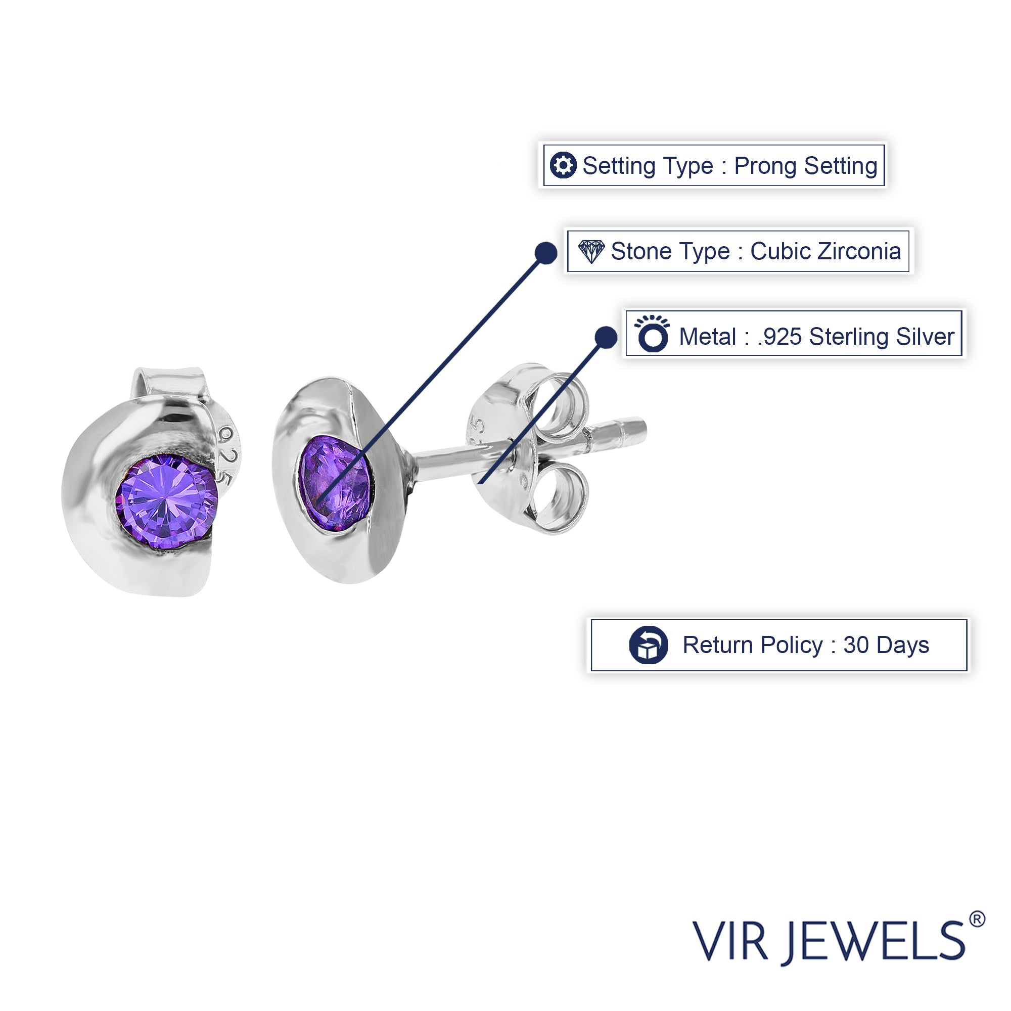 Sterling Silver Purple CZ Stud Earrings