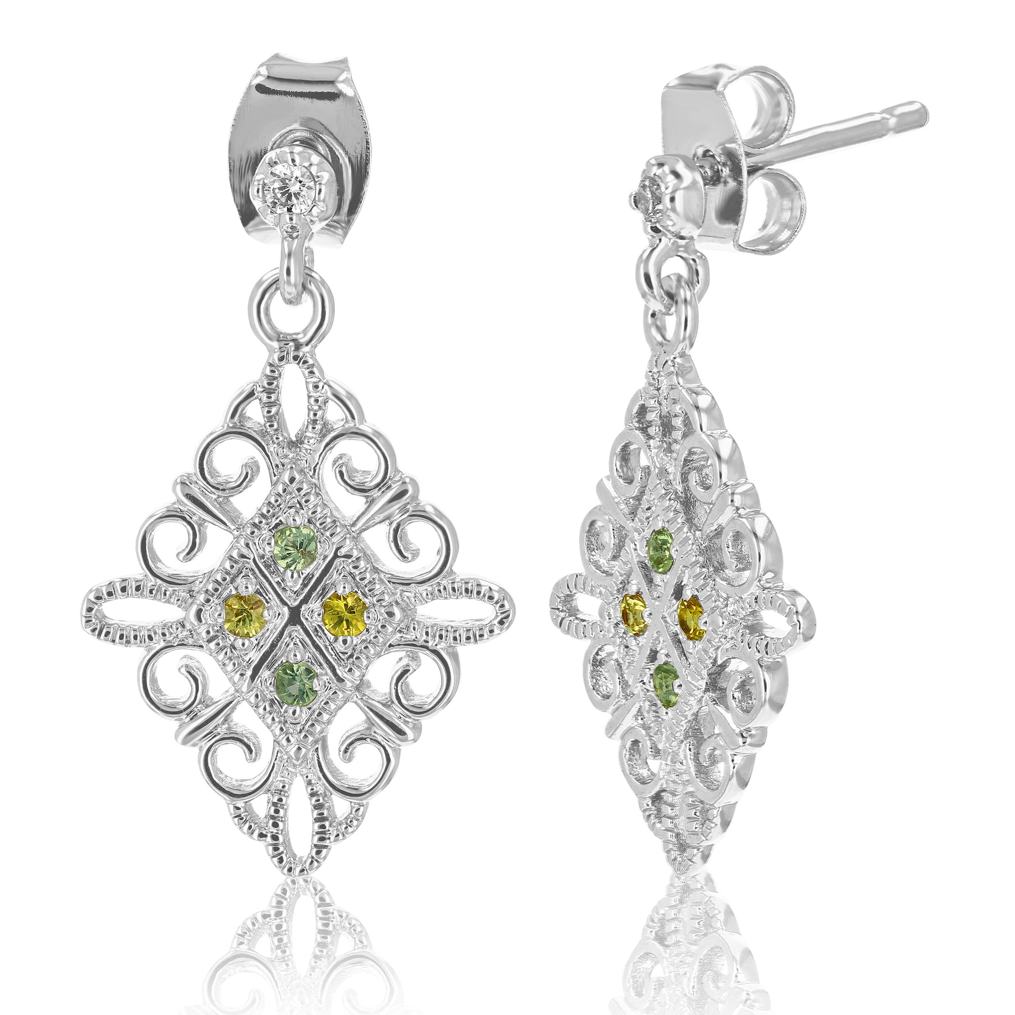 1/10 cttw Green And Yellow Sapphire Dangle Earrings Brass With Rhodium Plating