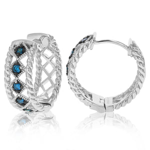1/3 cttw Blue Diamond Hoop Earrings .925 Sterling Silver With Rhodium Plating