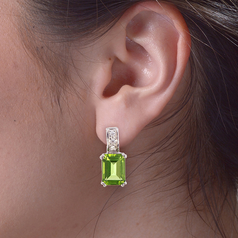 2.20 cttw Peridot Dangle Earrings .925 Sterling Silver Rhodium 8x6 MM Emerald