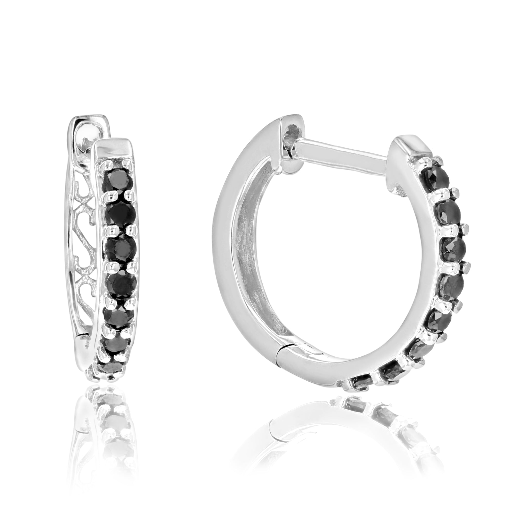 1/3 cttw Black Diamond Hoop Earrings .925 Sterling Silver Round Prong Set 2/3 Inch
