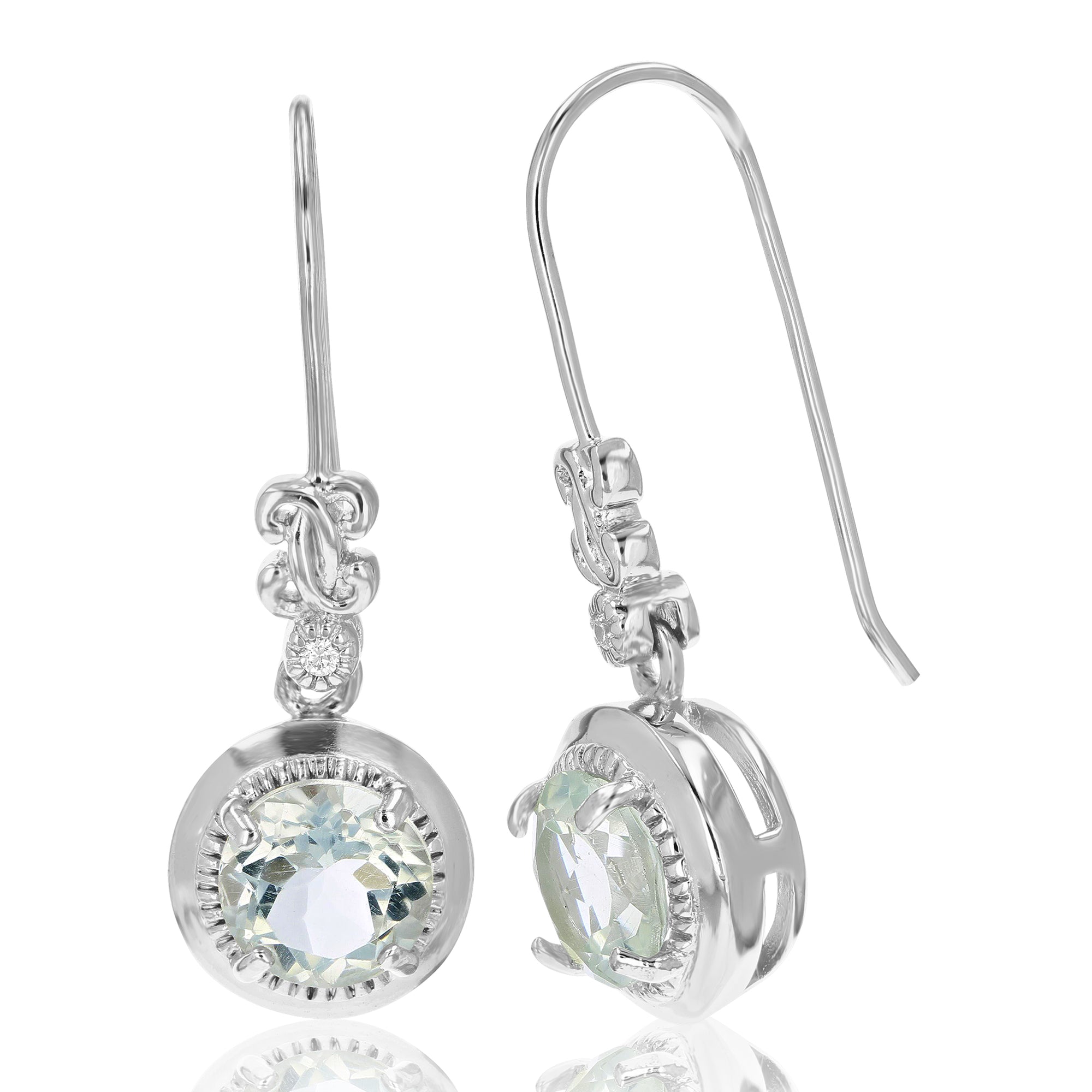 1.50 cttw Green Amethyst Dangle Earrings .925 Sterling Silver Rhodium 7 MM Round