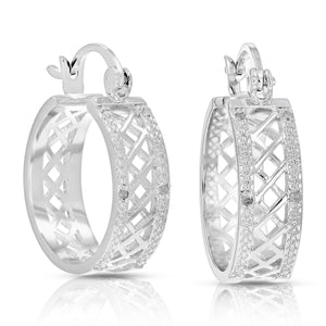1/20 cttw Diamond Hoop Earrings Brass with Rhodium Plating Checkerboard 1/2 Inch