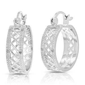 1/20 cttw Diamond Hoop Earrings Brass with Rhodium Plating Checkerboard 1/2 Inch
