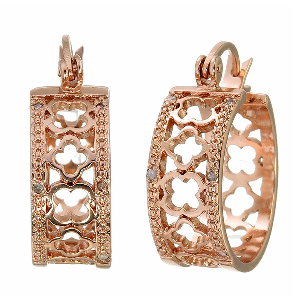 1/20 cttw Diamond Hoop Earrings Pink Gold Plated over Brass Clover 1/2 Inch