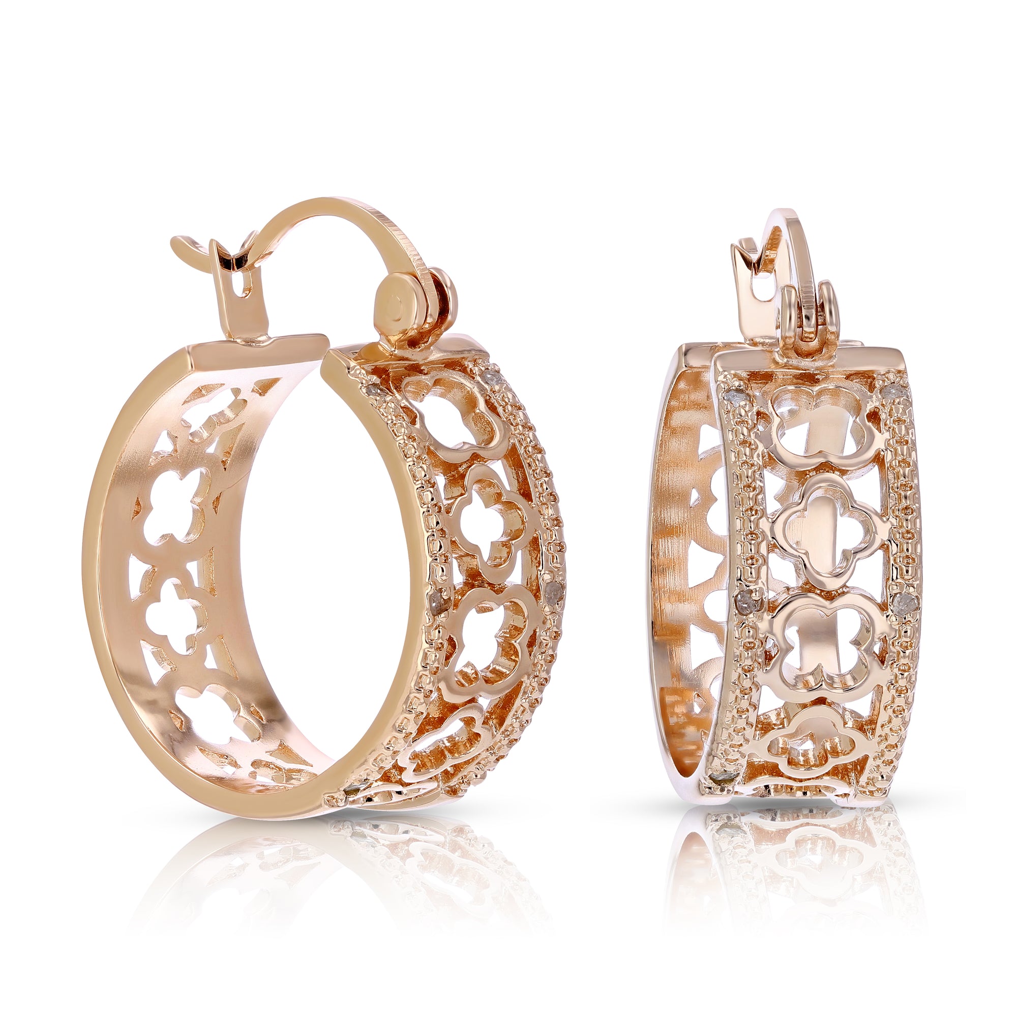 1/20 cttw Diamond Hoop Earrings Pink Gold Plated over Brass Clover 1/2 Inch