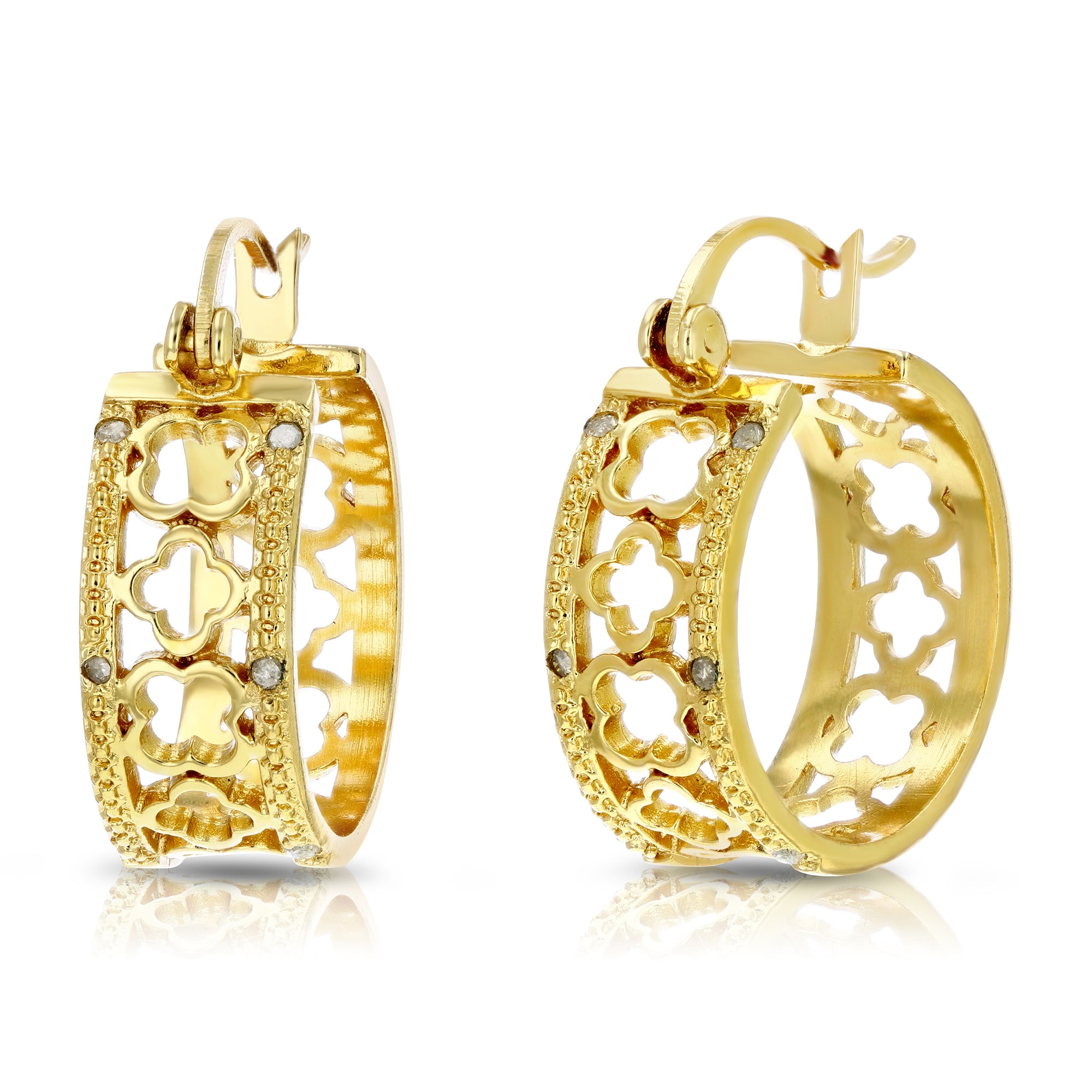 1/20 cttw Diamond Hoop Earrings Yellow Gold Plated over Brass Clover 1/2 Inch