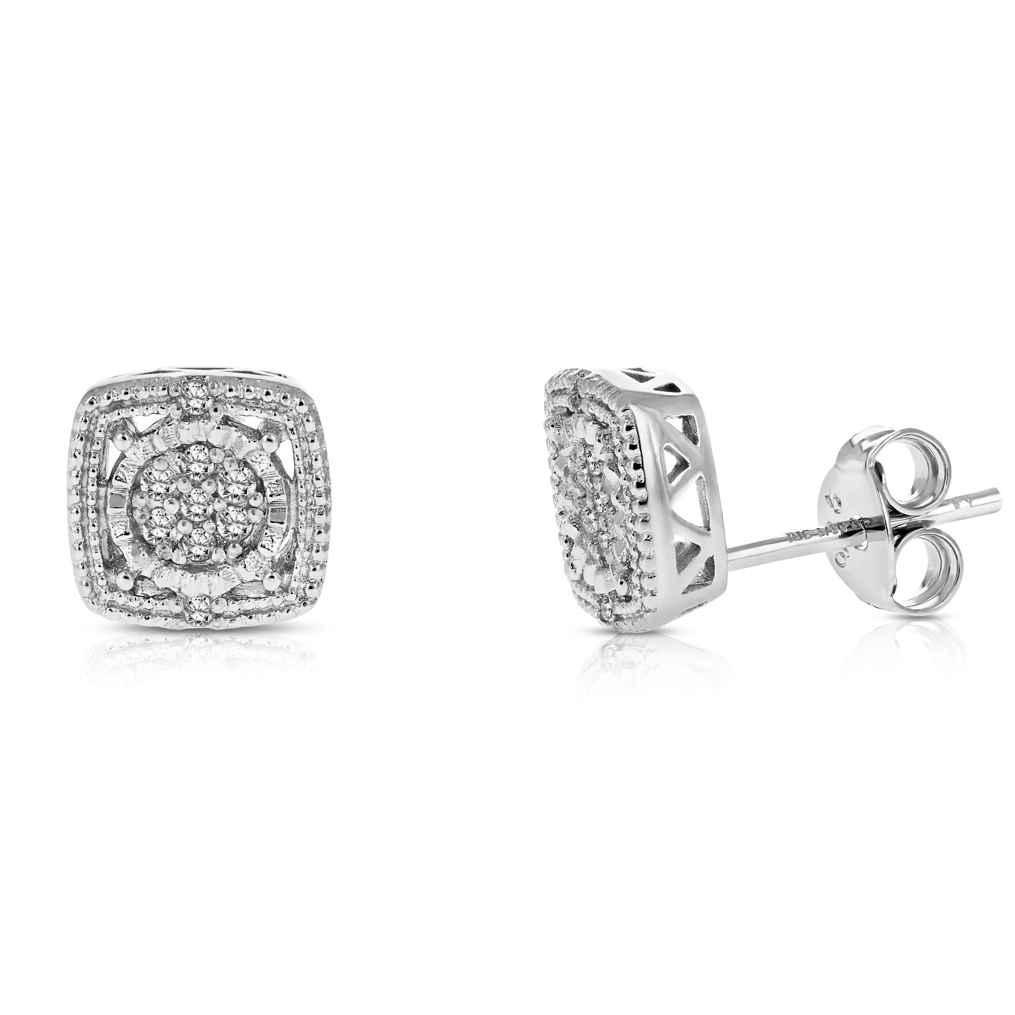1/10 cttw Diamond Earrings in .925 Sterling Silver Push Backs Square Shape