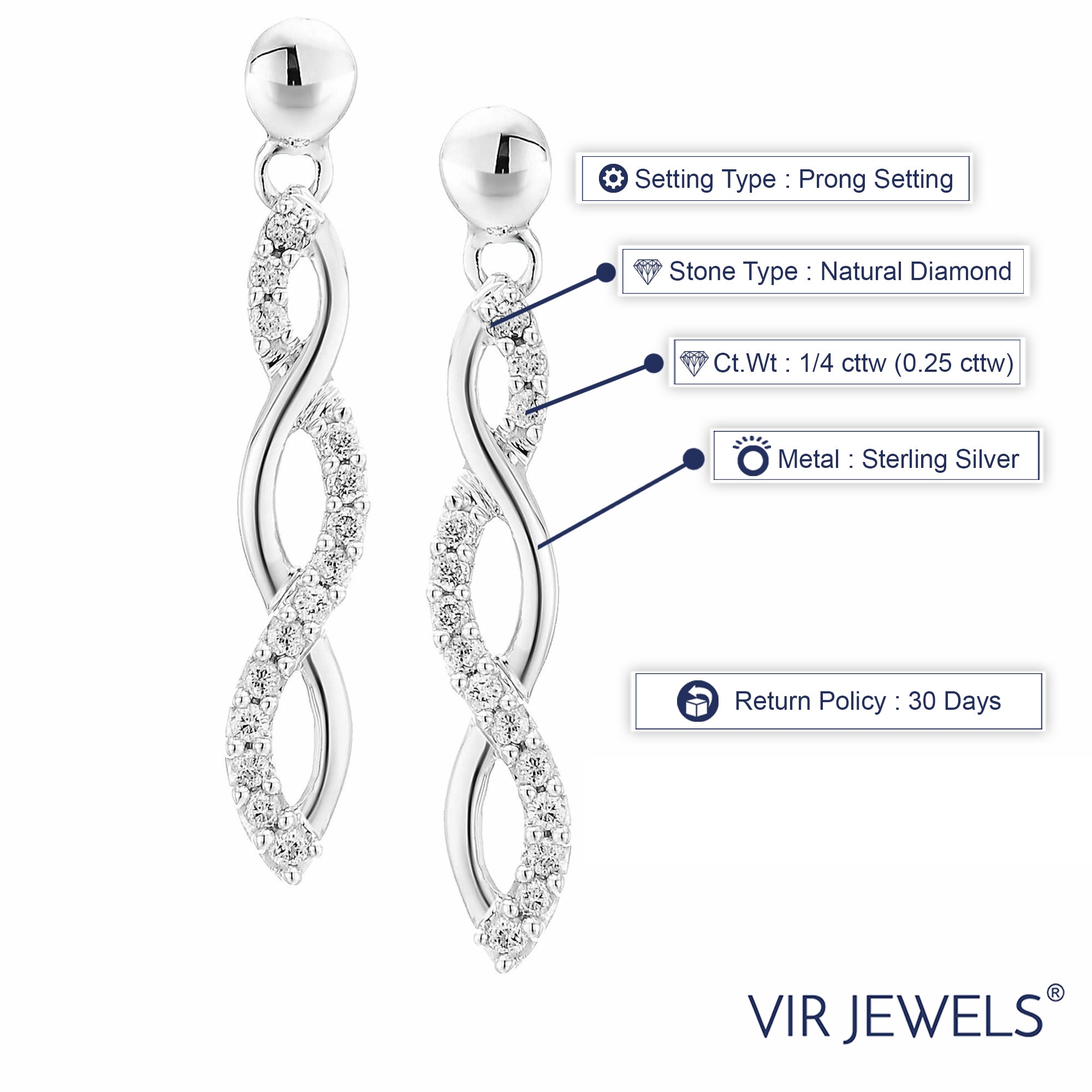 1/4 cttw Diamond Infinity Dangle Earrings .925 Sterling Silver 1 Inch Push Backs