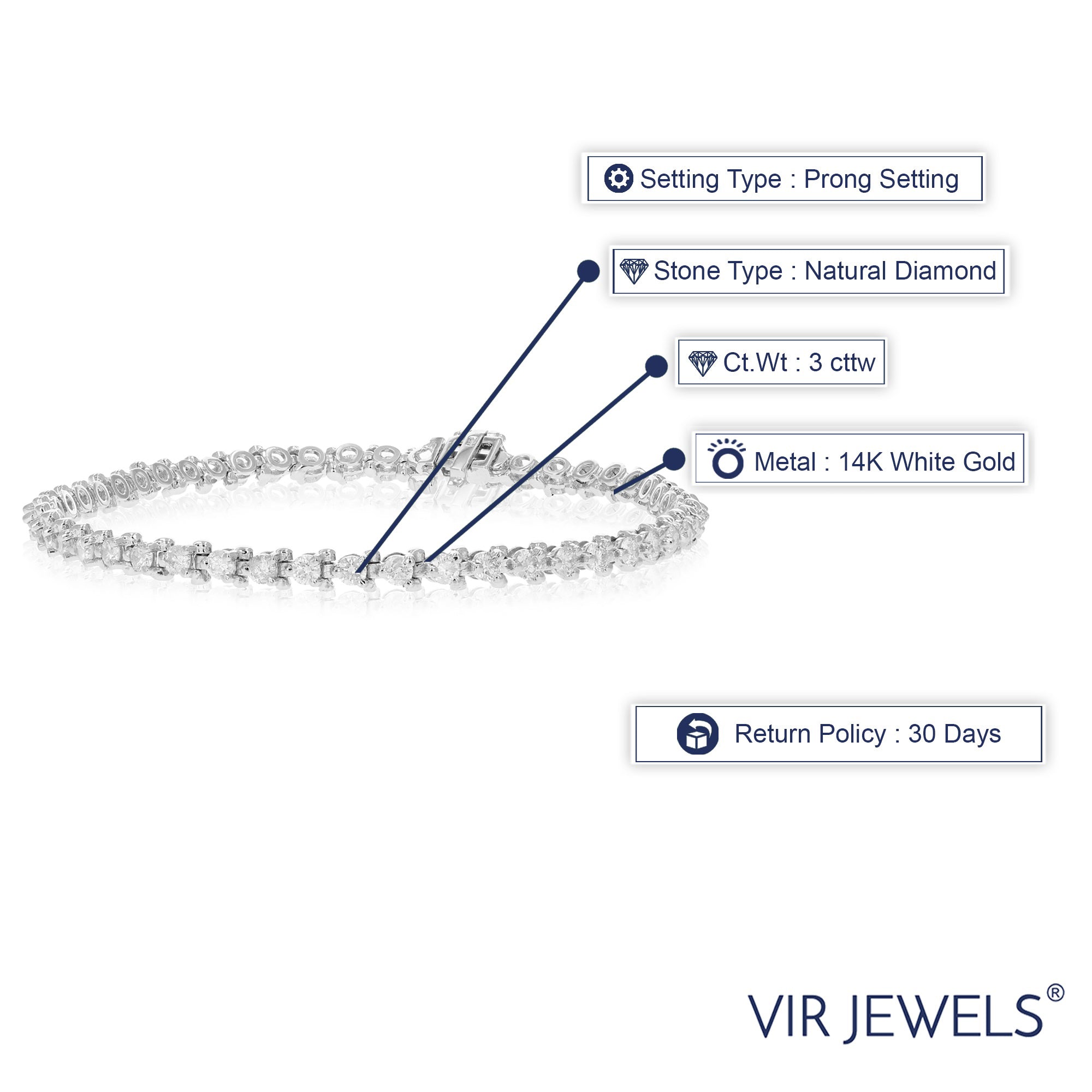 3 cttw Diamond Tennis Bracelet 14K White Gold Classic 3 Prong Round 7 Inch