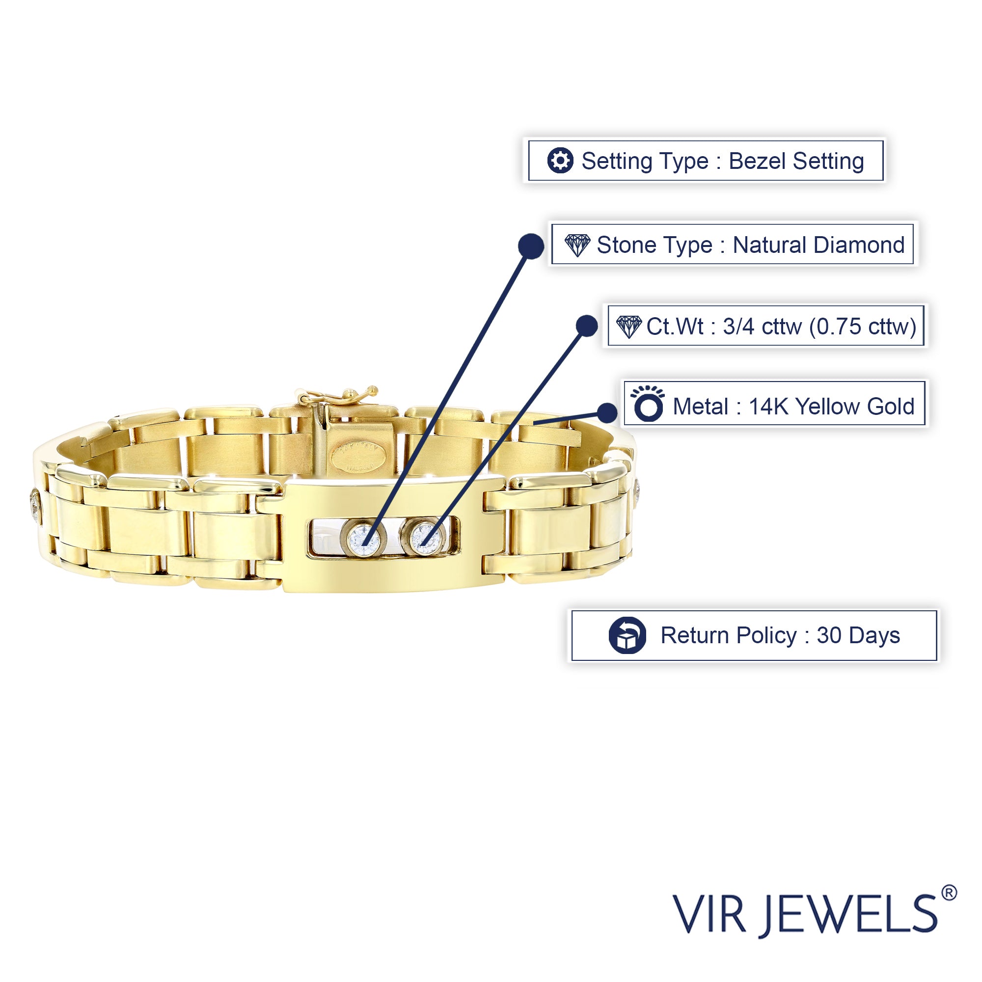 3/4 cttw Men's Diamond Bracelet Italian 14K Yellow Gold VS2-SI1 Clarity 57 Grams