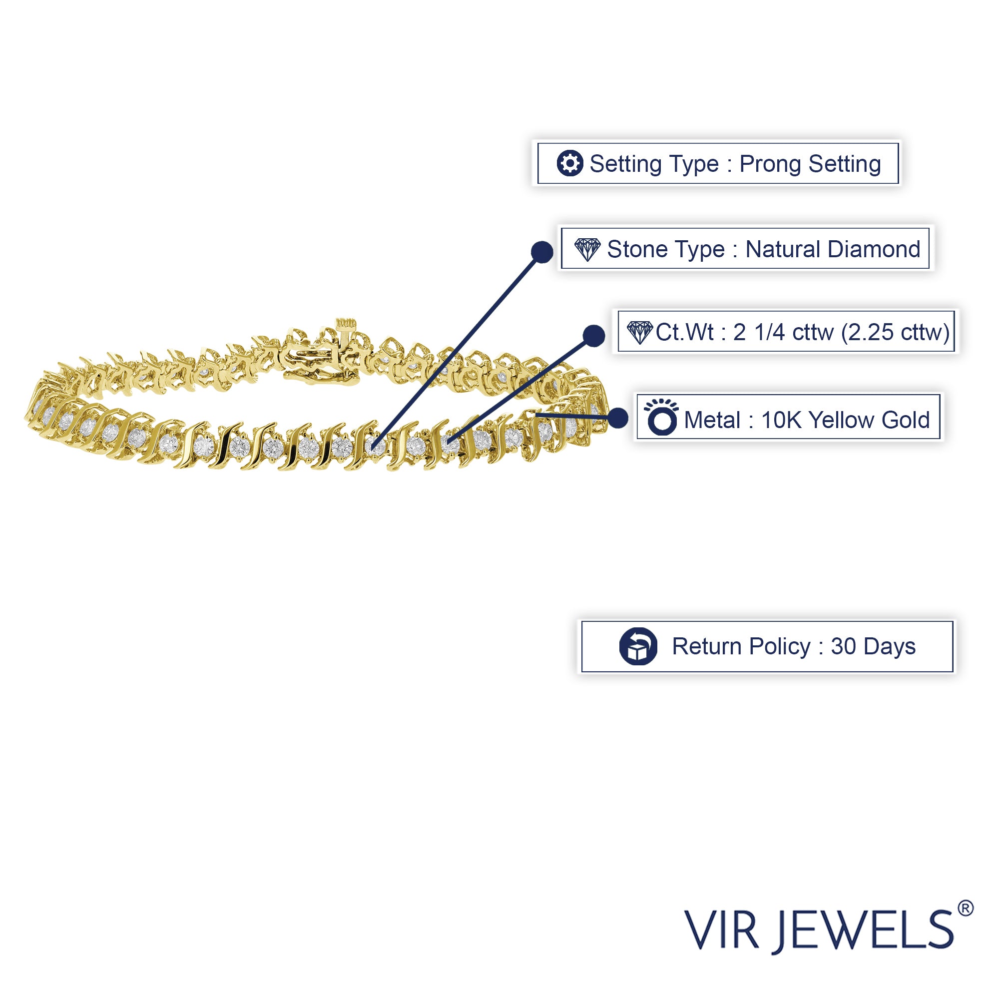 2 1/4 cttw Diamond Bracelet 10K Yellow Gold Classic S-Link Round 7 Inch