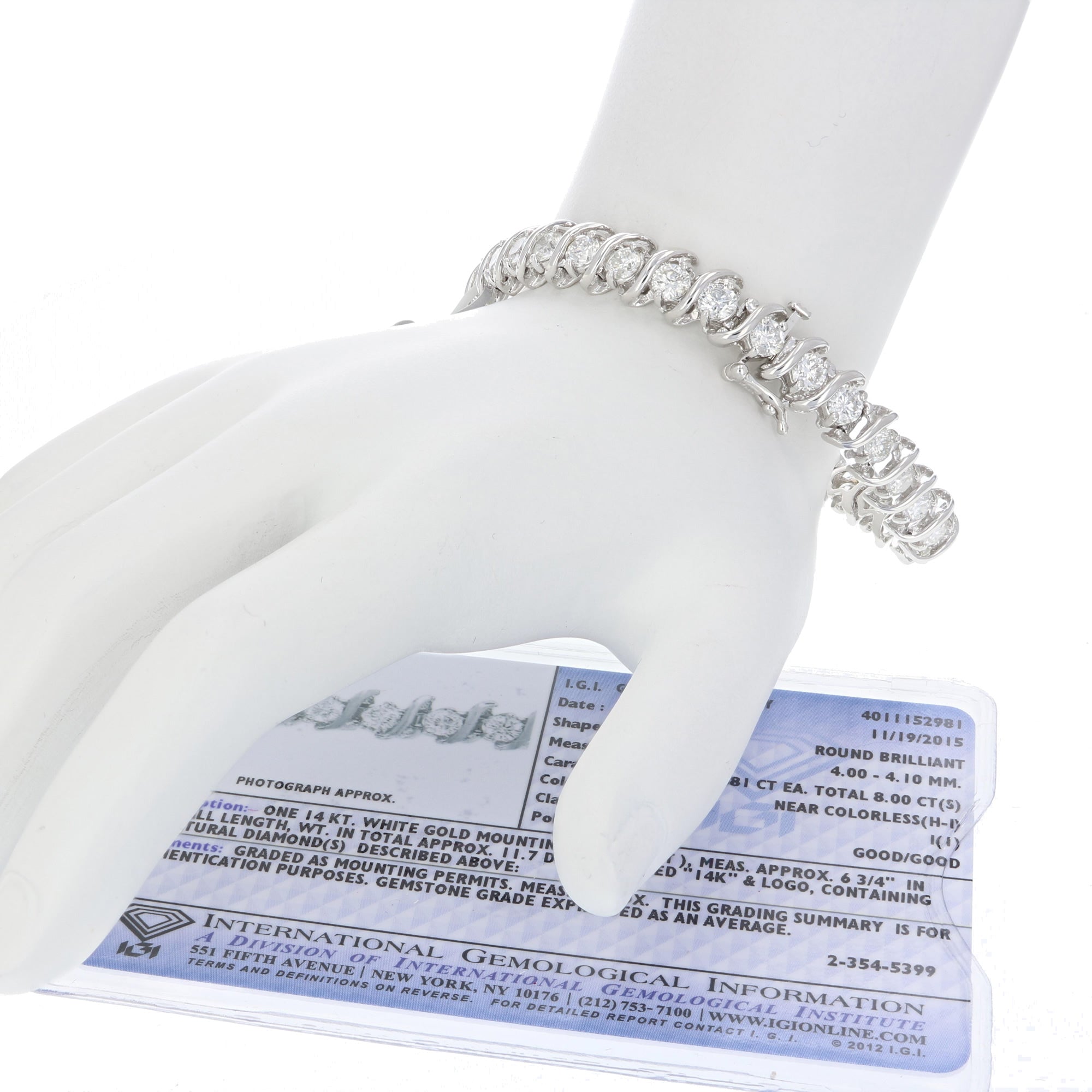 8 cttw I1 Clarity IGI Certified Diamond Bracelet 14K White Gold S-Link 7 Inch