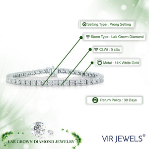 5 cttw Lab Grown Diamond Tennis Bracelet 14K White Gold Classic Prong Round 7 Inch