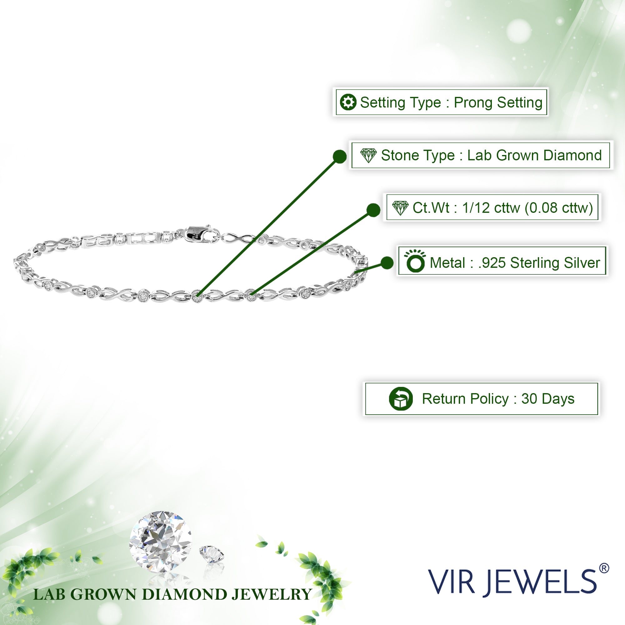 1/12 cttw Diamond Bracelet for Women, Round Lab Grown Diamond Bracelet in .925 Sterling Silver, Prong Setting, 7.5 Inch