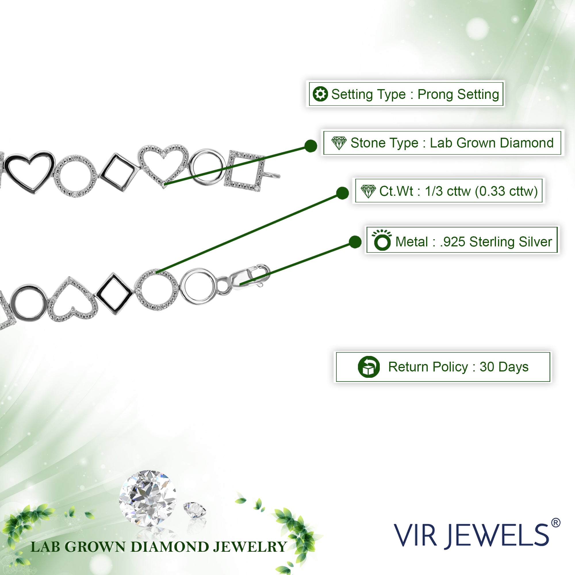 1/3 cttw Diamond Bracelet for Women, Round Lab Grown Diamond Bracelet in .925 Sterling Silver, Prong Setting, 7.5 Inch