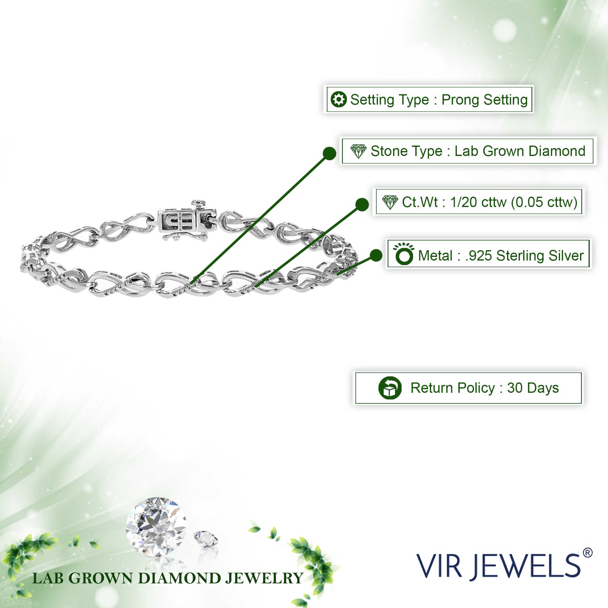 1/10 cttw Diamond Bracelet for Women, Round Lab Grown Diamond Bracelet in .925 Sterling Silver, Prong Setting, 7.3 Inch