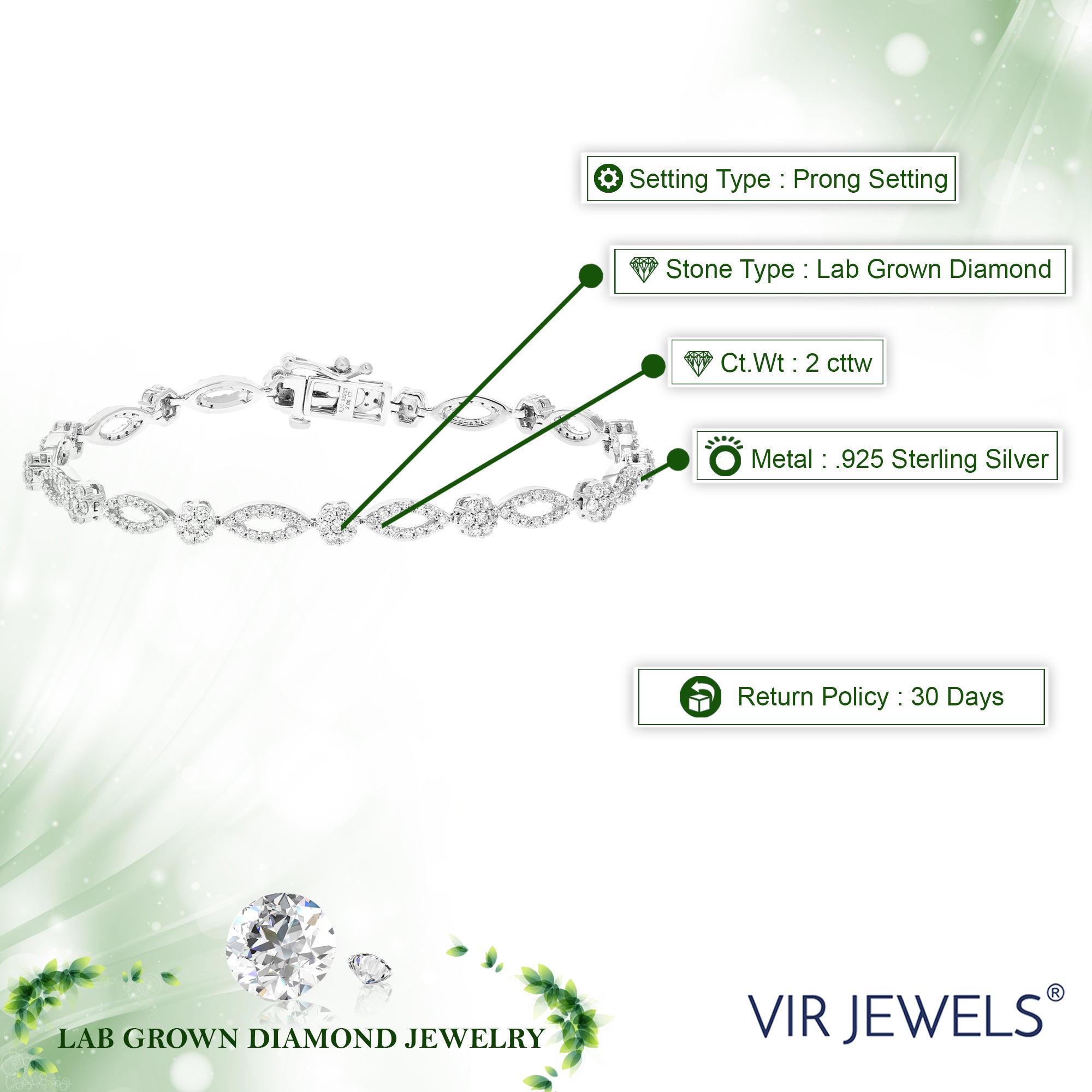 2 cttw Diamond Bracelet for Women, Round Lab Grown Diamond Tennis Bracelet in .925 Sterling Silver, Prong Setting, 7 Inch
