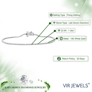 1 cttw Diamond Bracelet for Women, Round Lab Grown Diamond Bracelet 14K White Gold in Prong Setting, 7 Inch