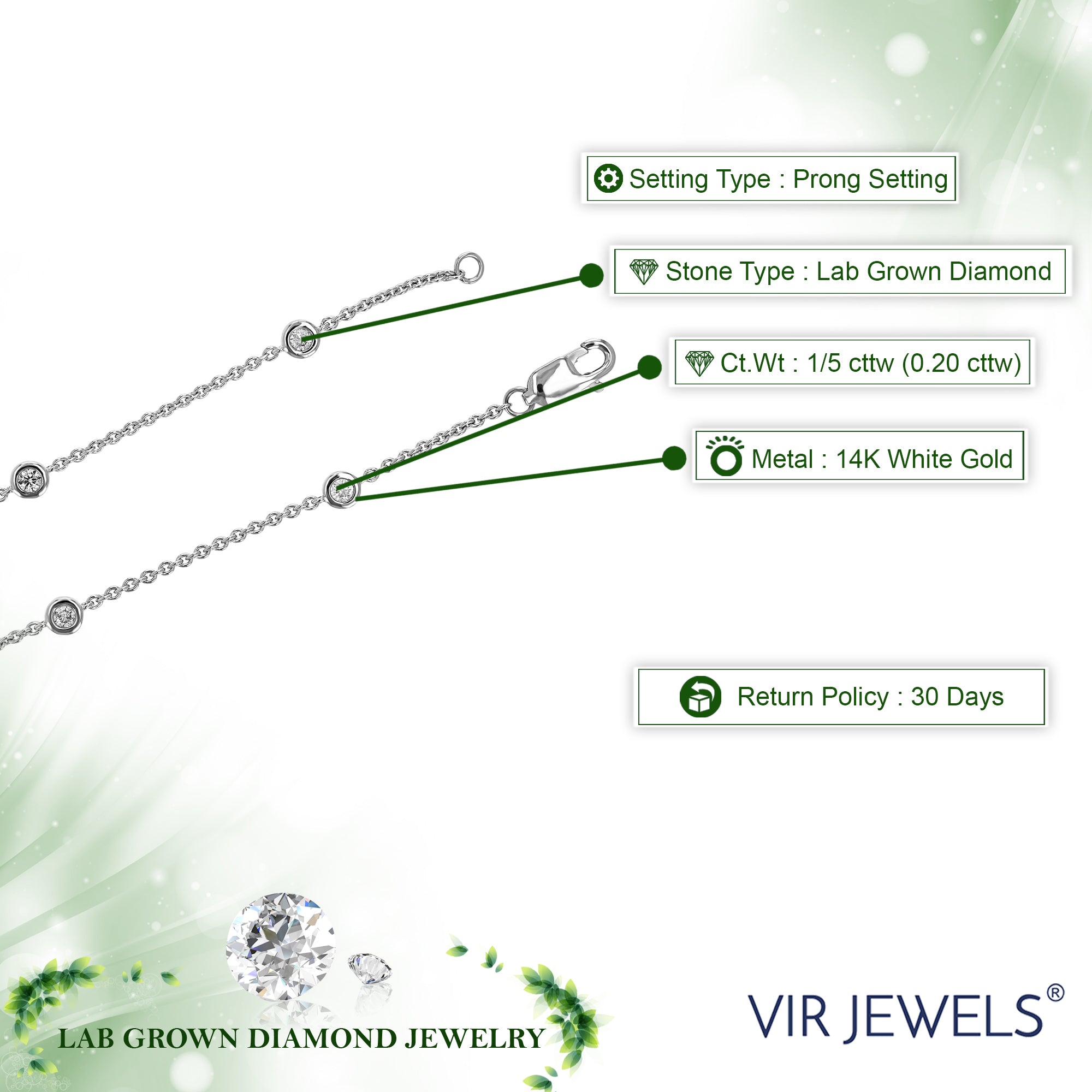 1/5 cttw 7 Stones Round Lab Grown Diamond Bracelet 14K White Gold Prong Set 7.25 Inch