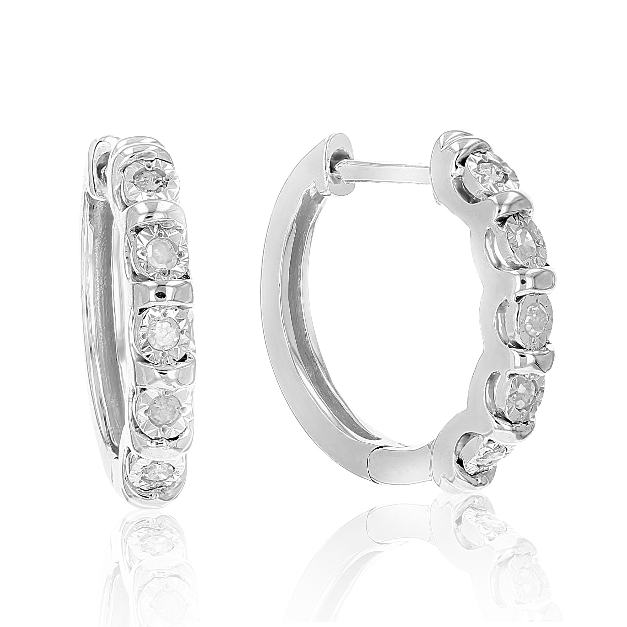 1/10 cttw Diamond Hoop Earrings .925 Sterling Silver 10 Stone Prong Set 2/3 Inch