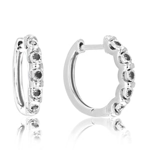 1/10 cttw Black Diamond Hoop Earrings .925 Sterling Silver 10 Stone Prong 2/3 Inch