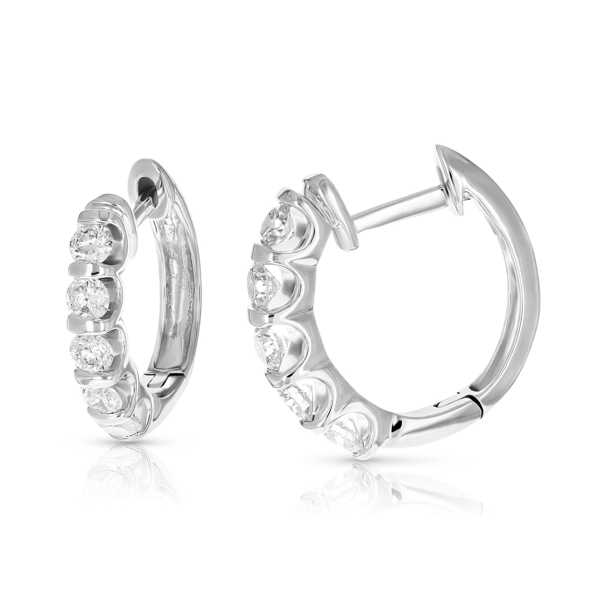 1 cttw Diamond Hoop Earrings 14K White Gold Channel Set 10 Stones 0.71 inch