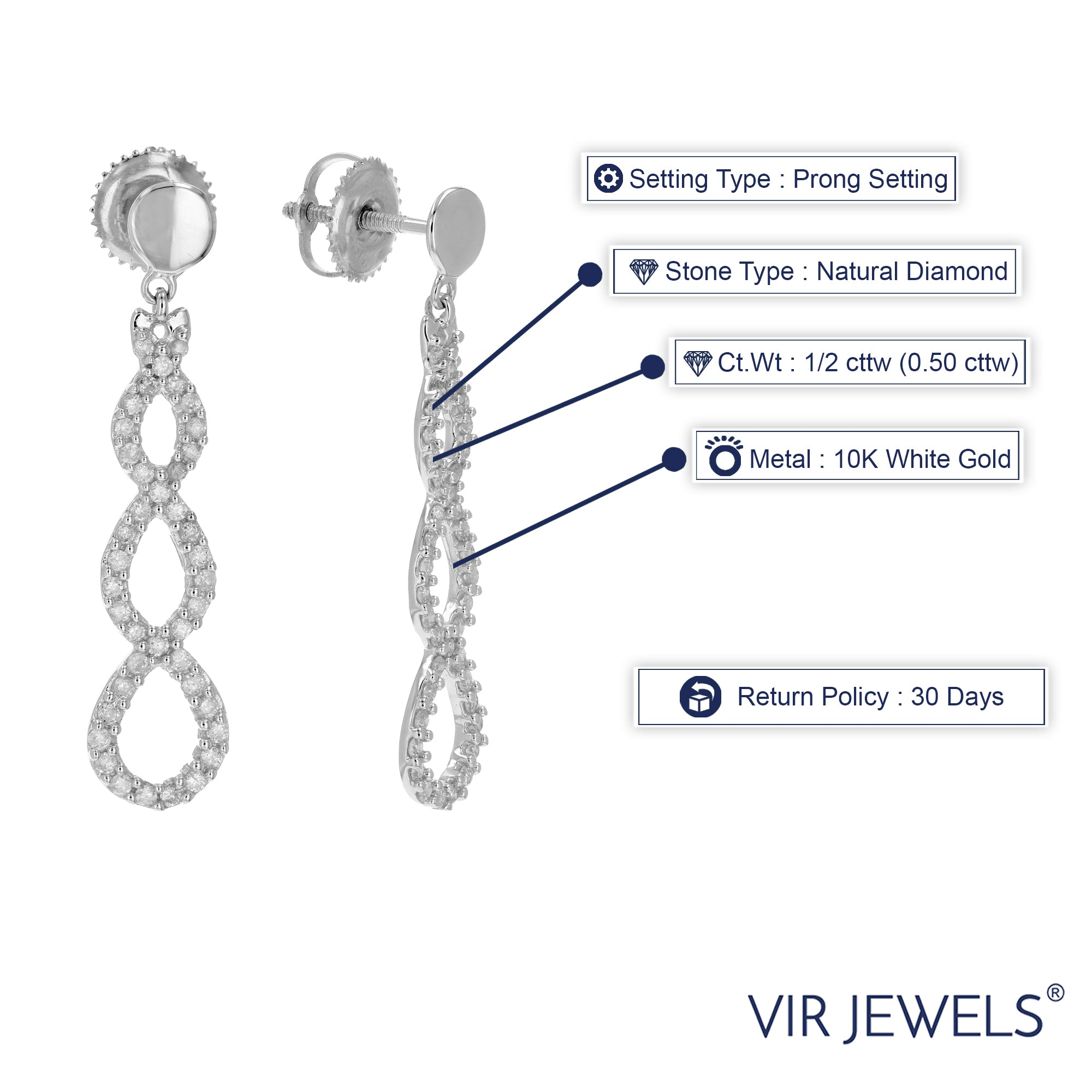 1/2 cttw Diamond Infinity Earrings Dangle Drop 10K White Gold 1.20 Inch