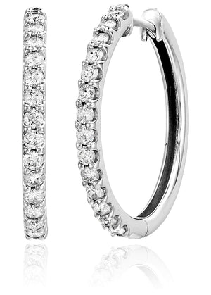 1 cttw SI2-I1 Clarity G-H Certified Diamond Hoop Earrings 10K White Gold 1 inch