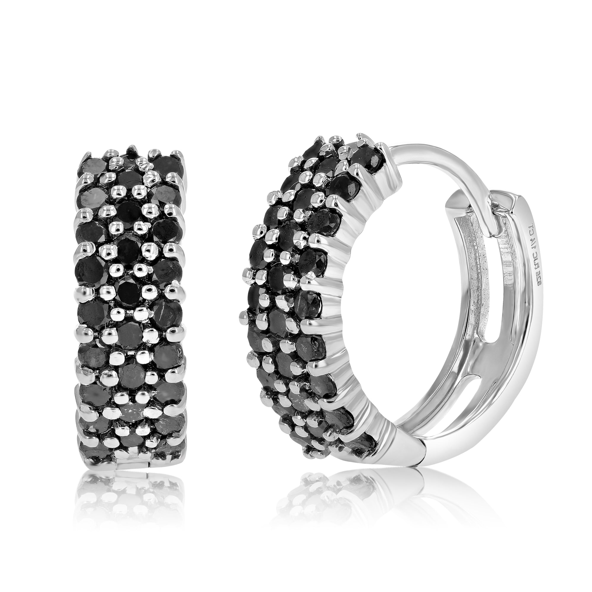 1 cttw Black Diamond Hoop Earrings .925 Sterling Silver 54 Stone Dangle 1/2 Inch