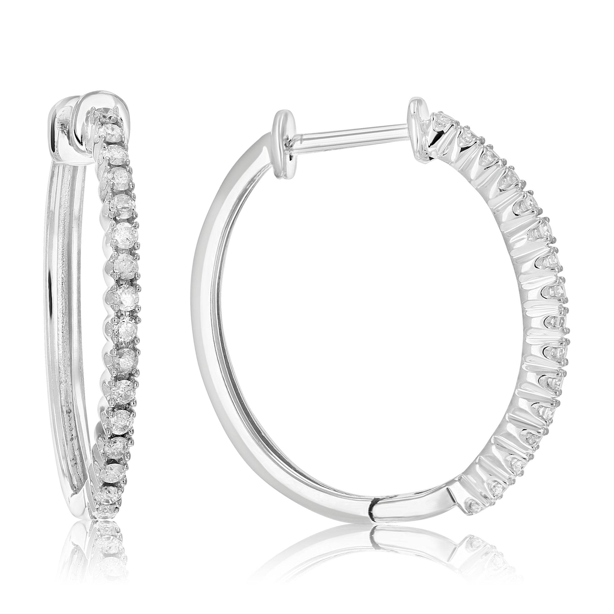 1/4 cttw Diamond Hoop Earrings .925 Sterling Silver 30 Stones Dangle 3/4 Inch